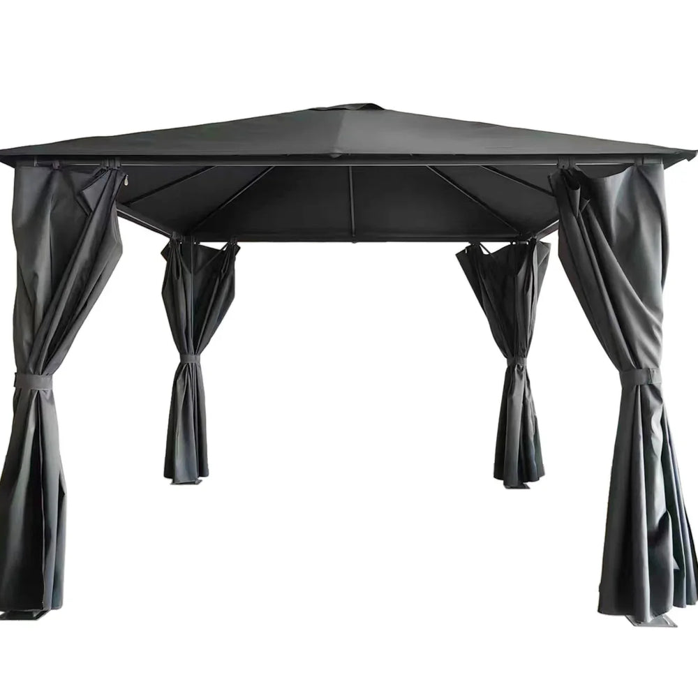 Black metal frame gazebo with four tie-back curtains and pointed roof