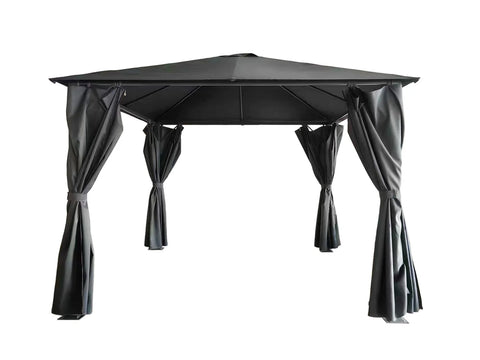 Black metal frame gazebo with four tie-back curtains and pointed roof