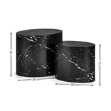 Two black oval nest tables with white marble veining showing dimensions on white background