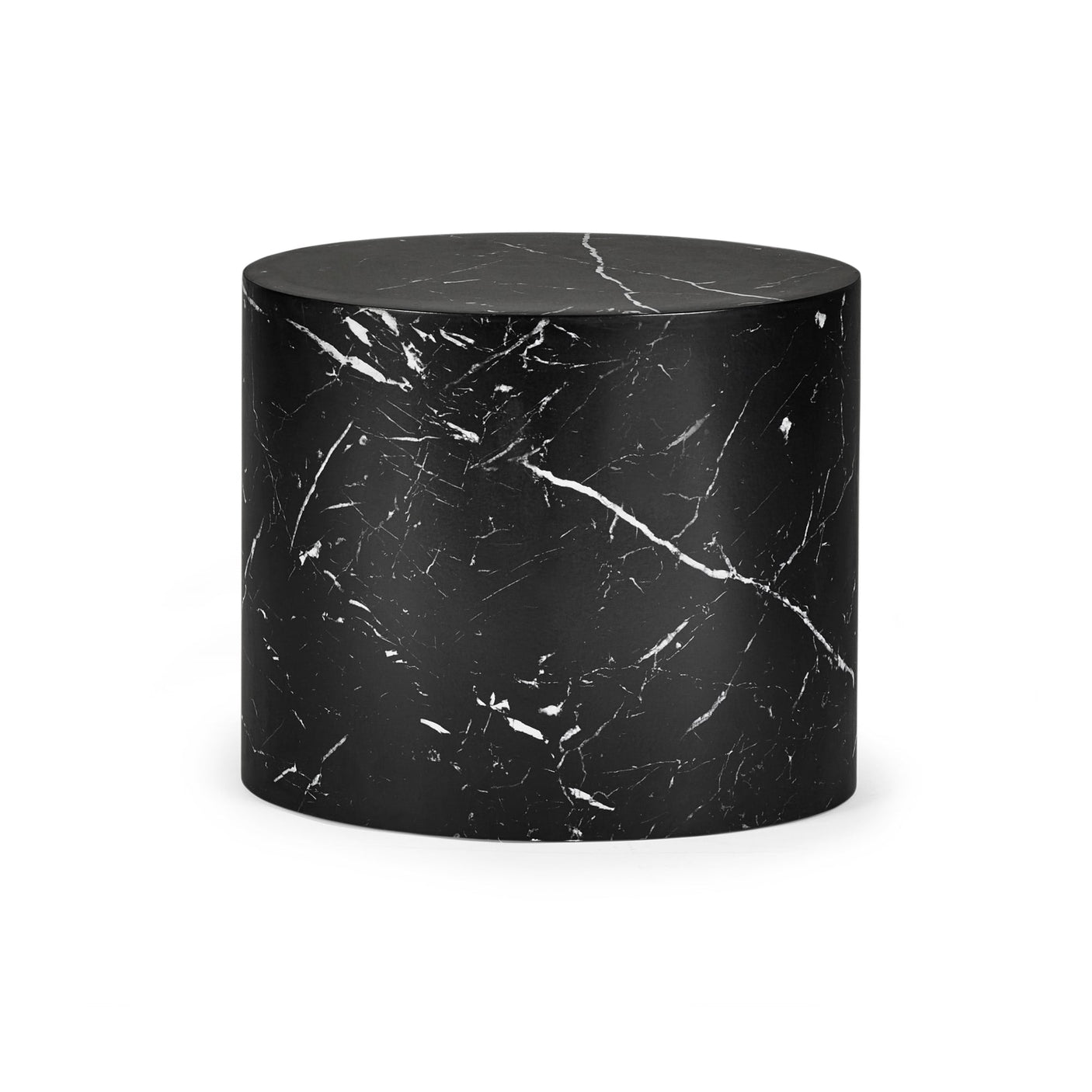 Large black oval table with white marble veining on white background, cylindrical shape