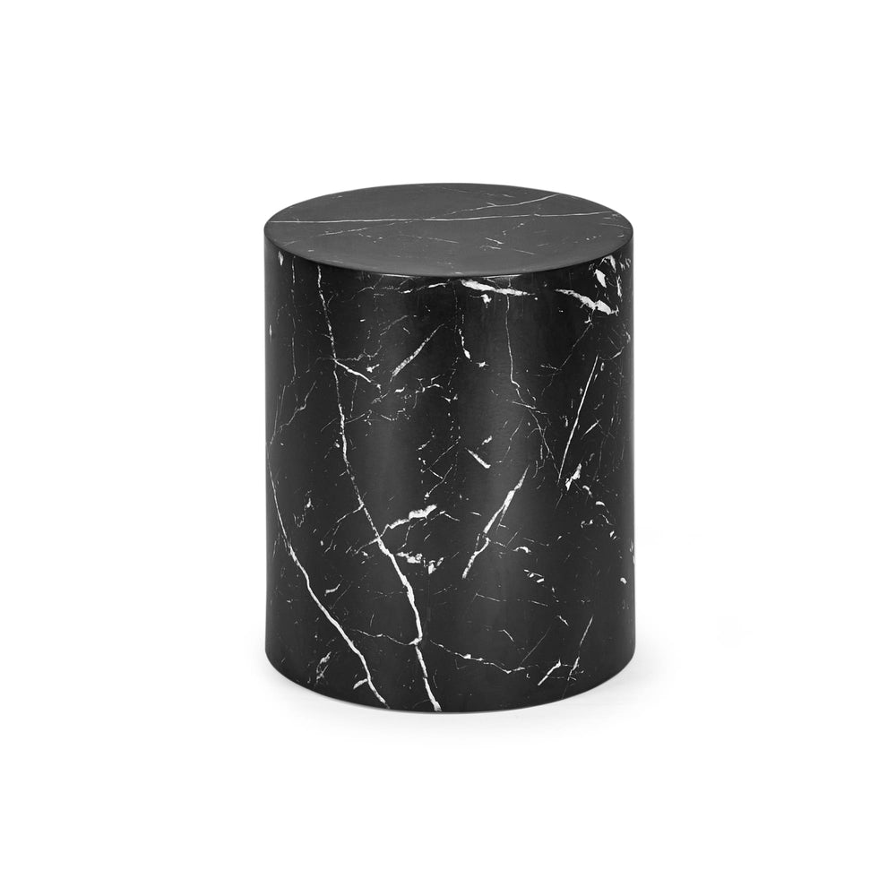 Smaller oval black table with white marble veining on white background, cylindrical shape