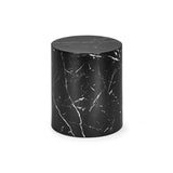 Smaller oval black table with white marble veining on white background, cylindrical shape
