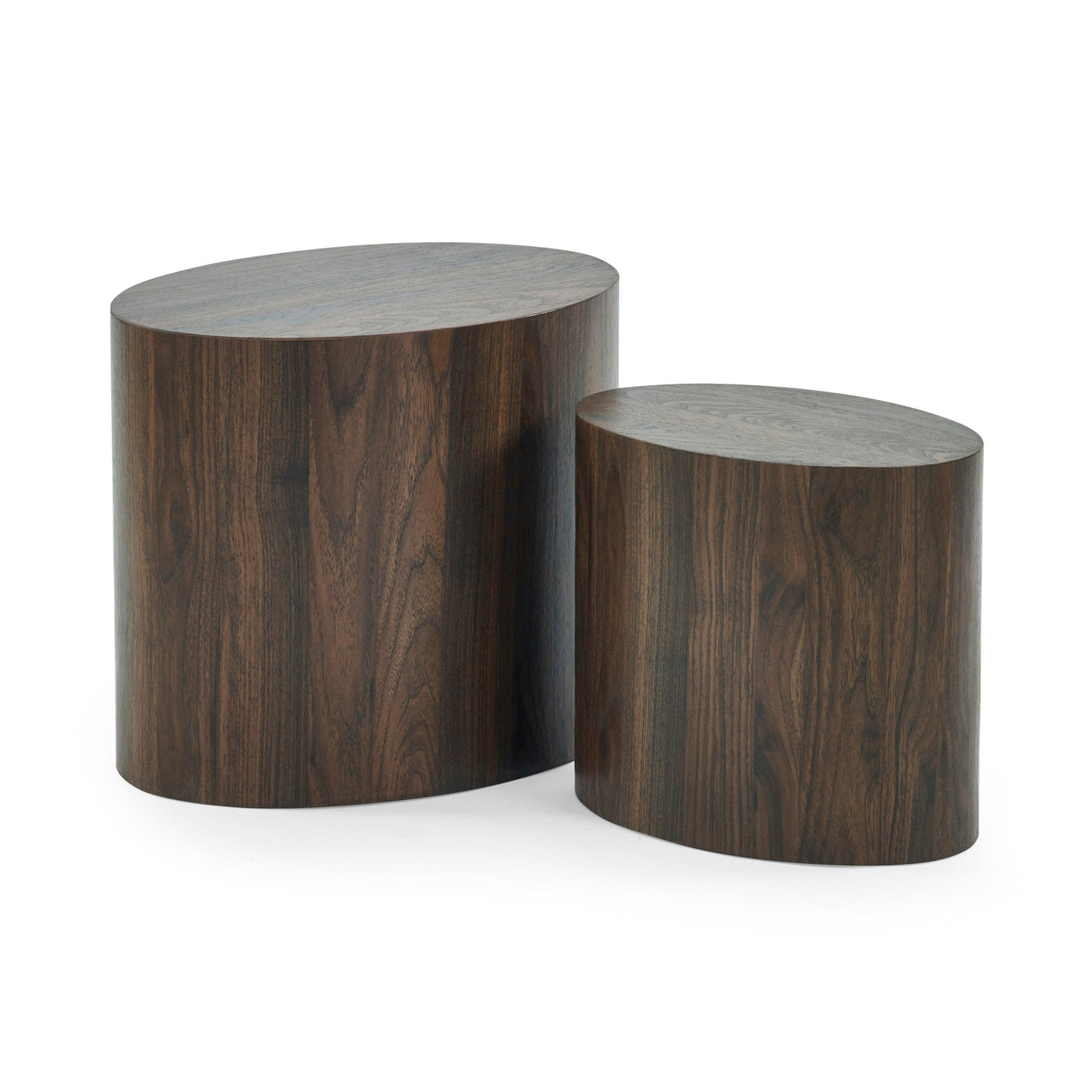 Two dark wood oval nest tables against white background showing smooth curved sides and tops