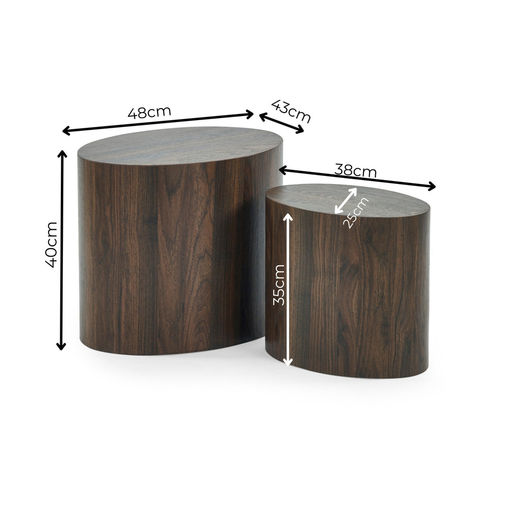 Dimensional diagram of two dark wood oval nest tables with sizes: large 48x43x40cm, small 38x25x35cm