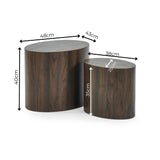 Dimensional diagram of two dark wood oval nest tables with sizes: large 48x43x40cm, small 38x25x35cm