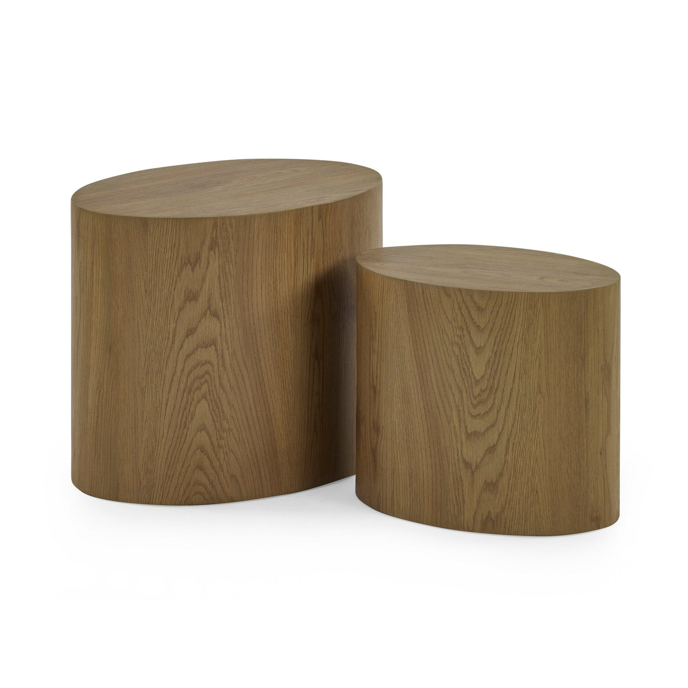 Plain light oak oval nest tables on white background showing wood grain and rounded edges.
