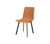 A modern side chair with a warm tan-brown molded seat and backrest, supported by four slim black metal legs, shown against a plain white background.