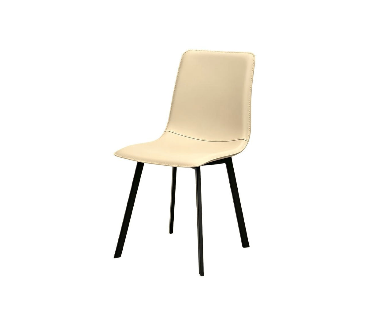 A modern dining chair with a cream-colored upholstered seat and backrest, supported by four slim black metal legs, shown against a plain white background.