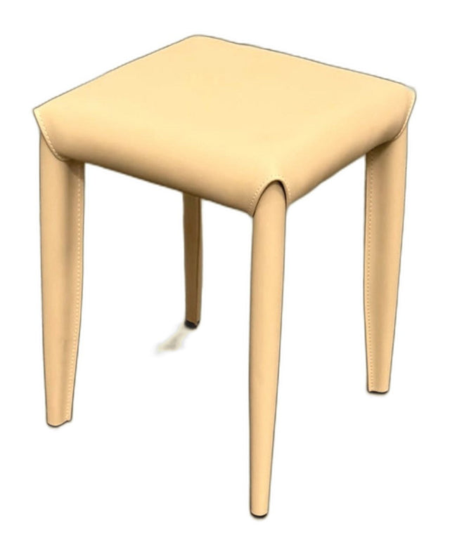 A modern square stool with a light beige upholstered seat and slim tapered legs, shown on a plain white background.