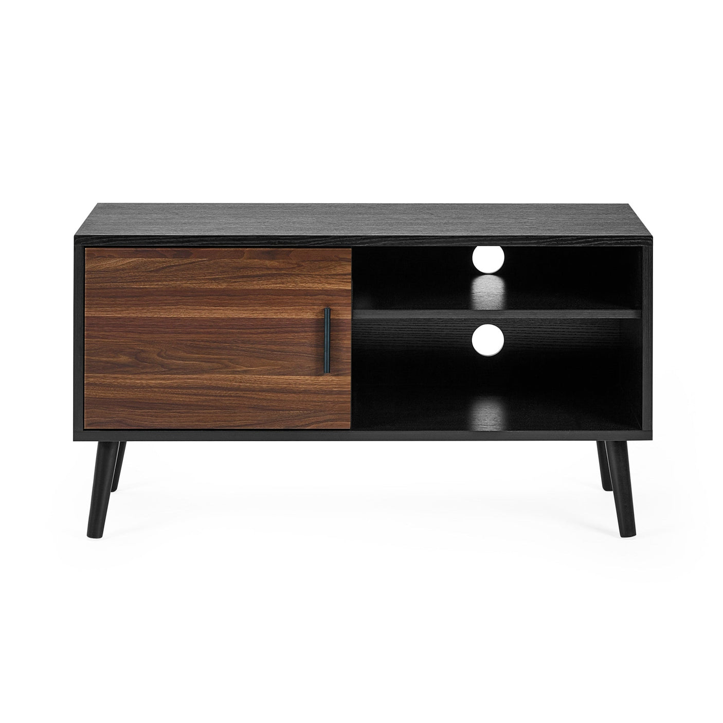 Front view of small TV unit in black wood with walnut door and two open shelves with cable holes