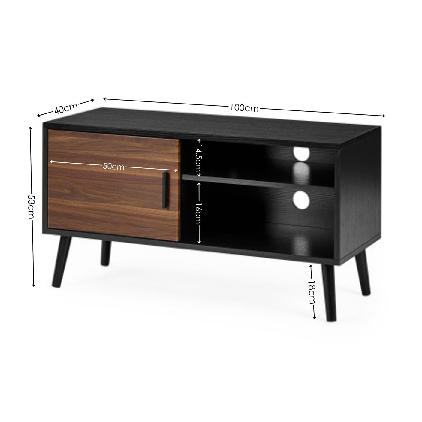 Small black TV unit with angled legs, one wooden door, open shelves with cable holes, dimensions labeled