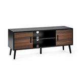 Large TV unit isolated on white background, black wood with walnut doors, open shelves and central support leg.