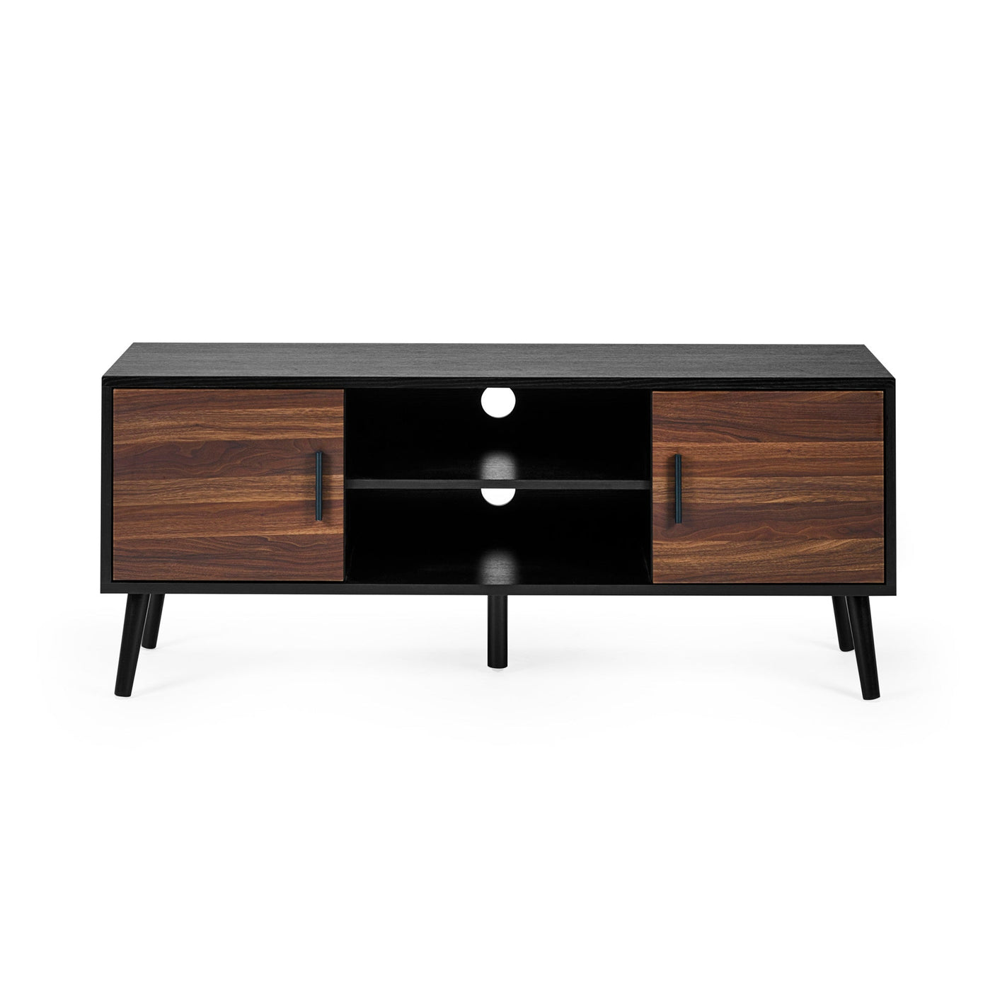 Front view of large TV unit in black wood with walnut doors and open shelving in the center.