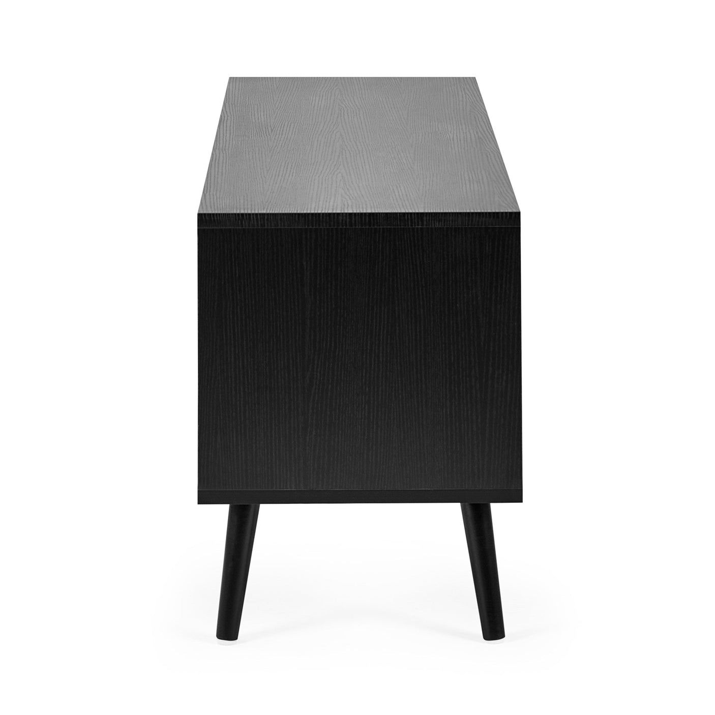 Side view of tall black wood TV unit with visible wood grain and black tapered legs on white background