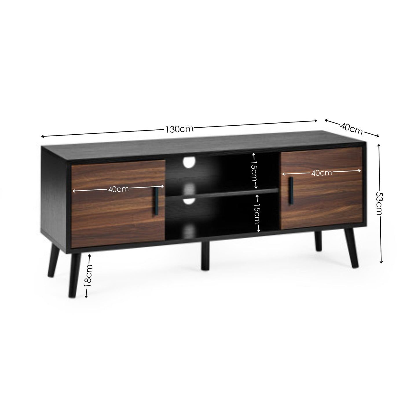 Large TV unit with black frame, two wooden doors, open central shelving, black legs, and dimension labels