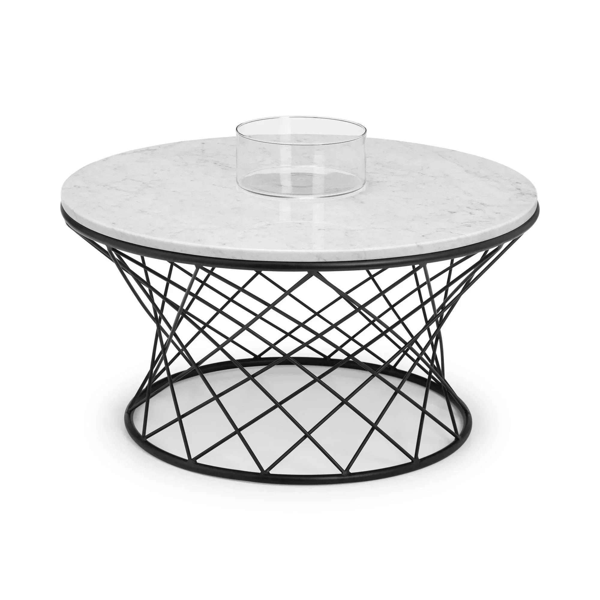 Round marble coffee table with black metal geometric base and glass centrepiece