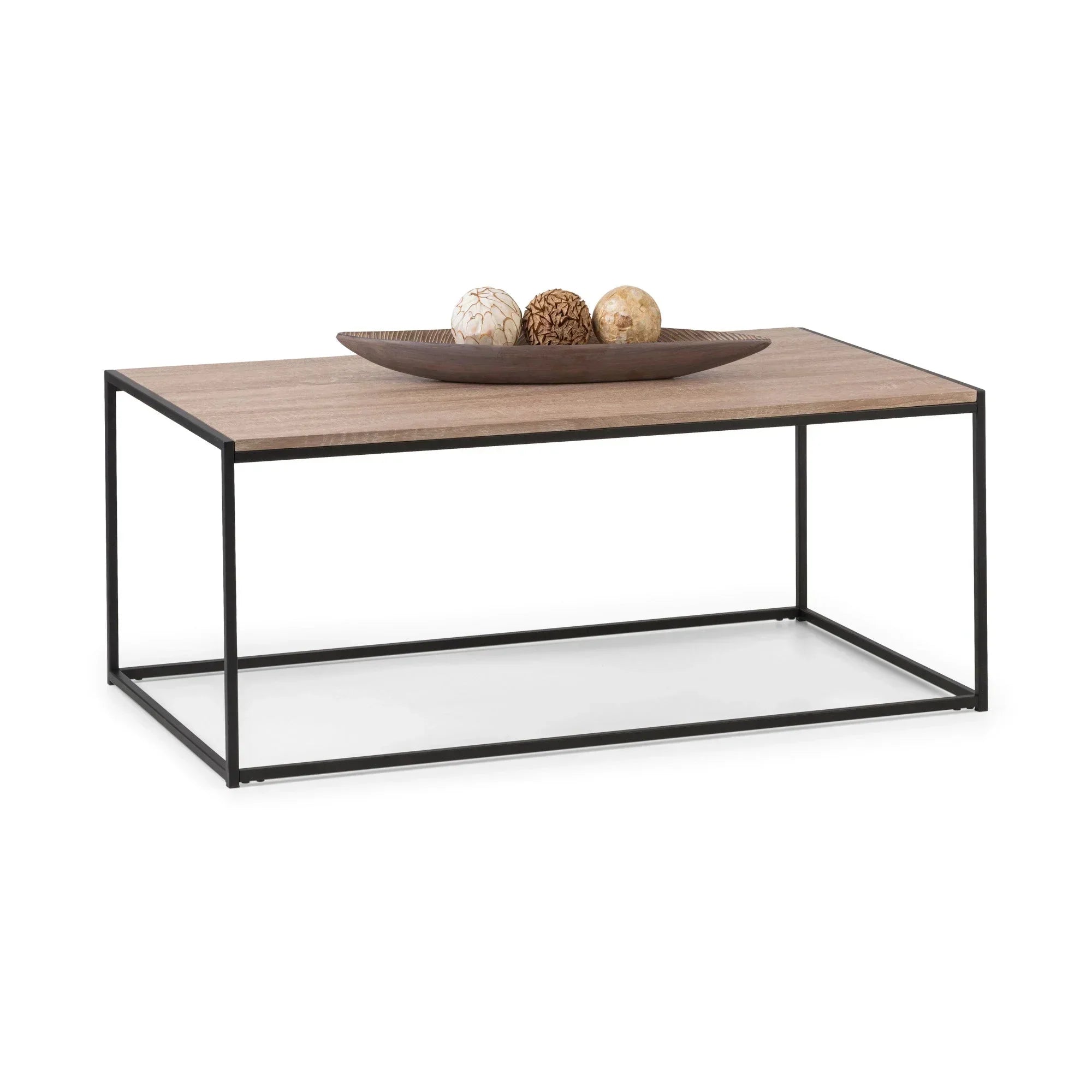 Rectangular wooden coffee table with black metal frame and decorative bowl on top