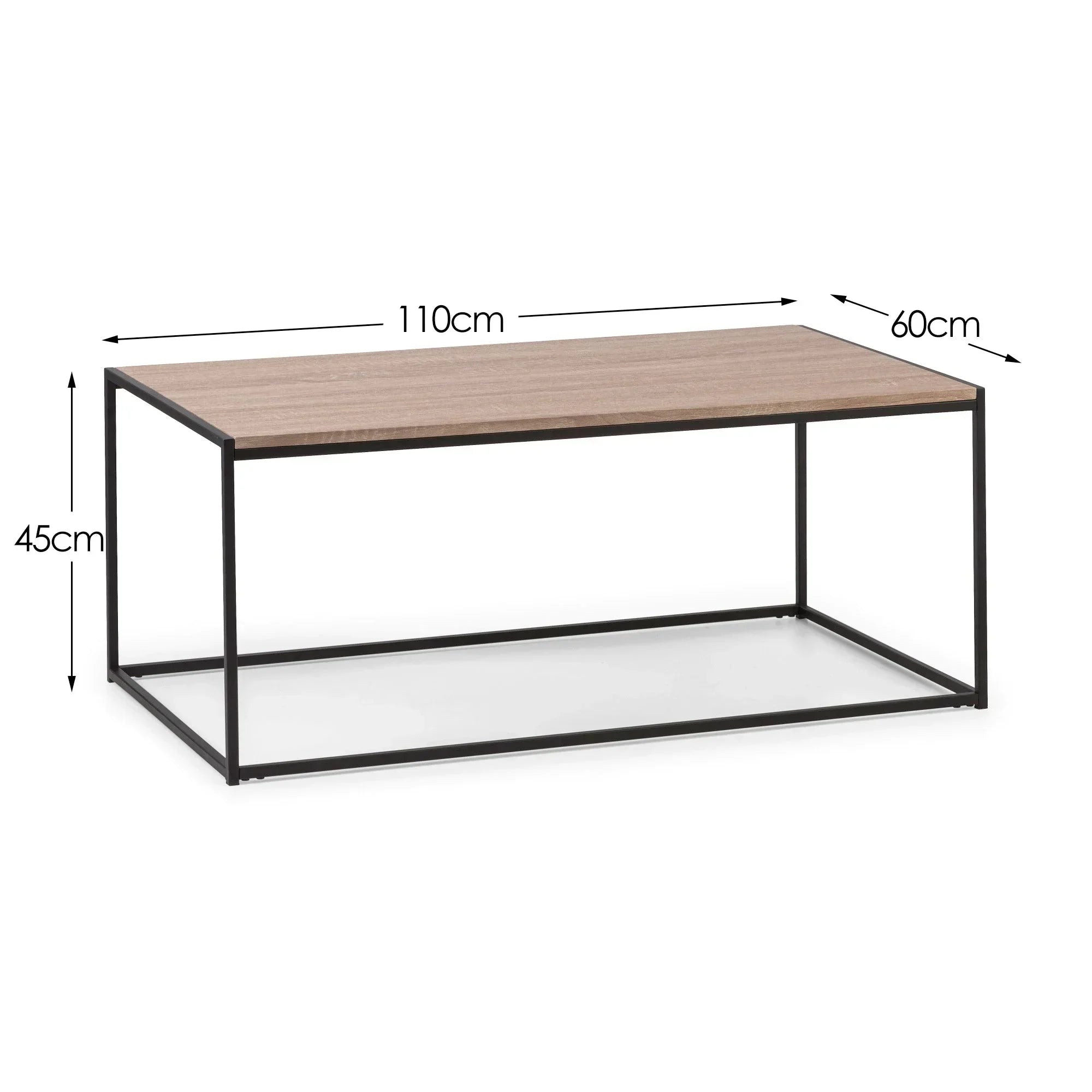 Rectangular coffee table with black metal frame and wood top, dimensions 110x60x45cm