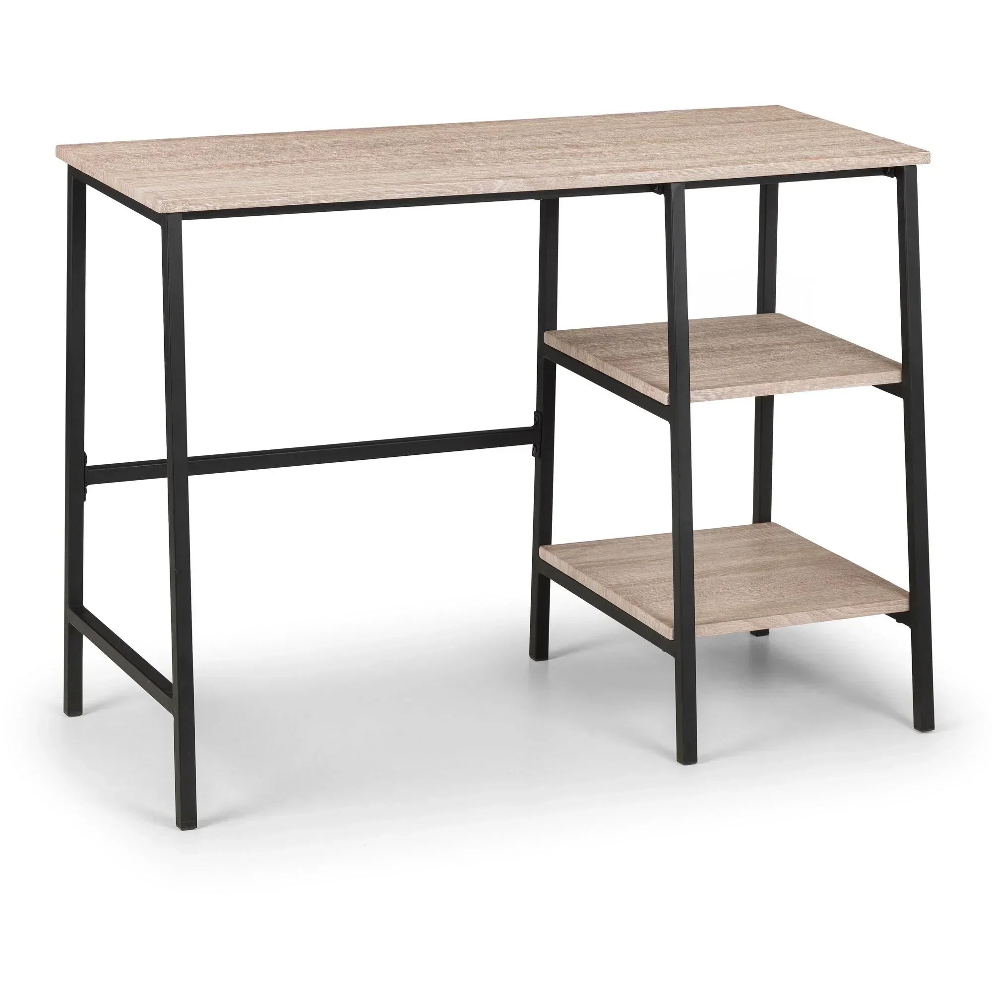 Sonoma oak desk with black metal frame and two open side shelves