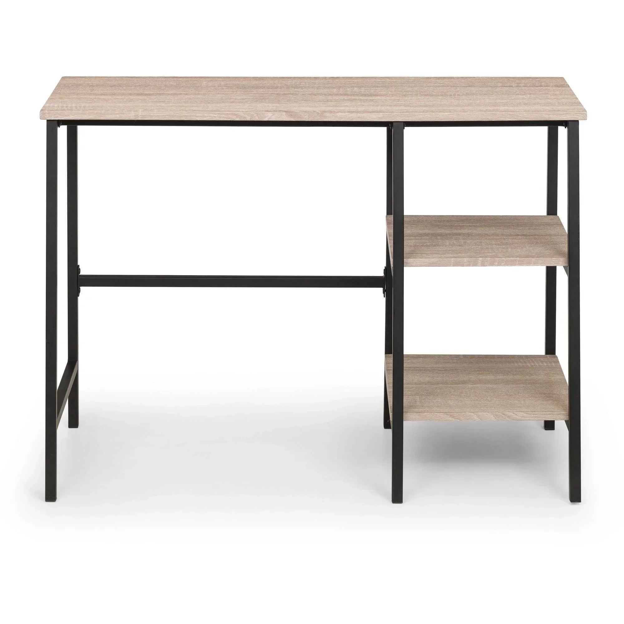 Sonoma oak desk with black metal frame and two open side shelves, front view