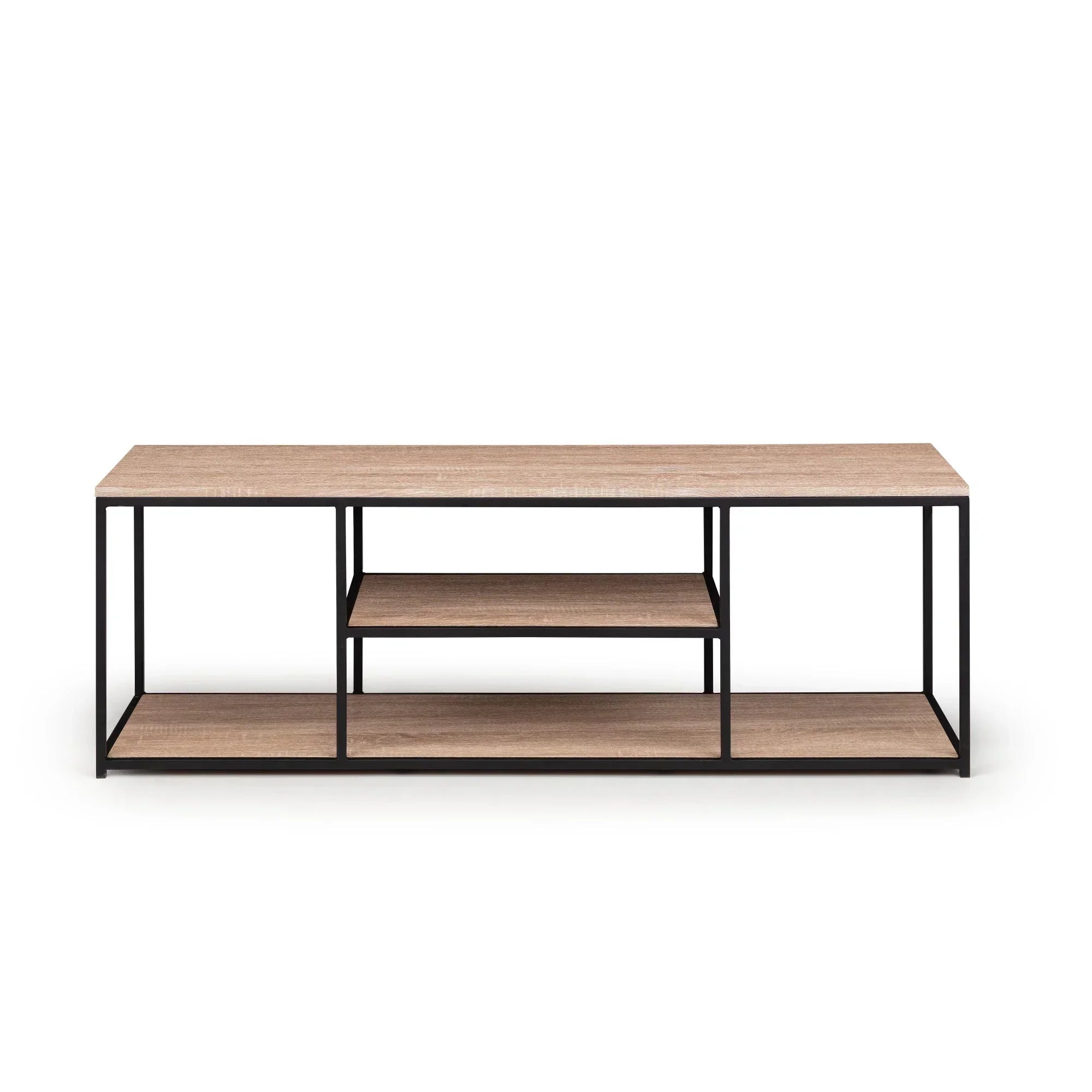 Modern wooden TV unit with black metal frame and open shelving, front view