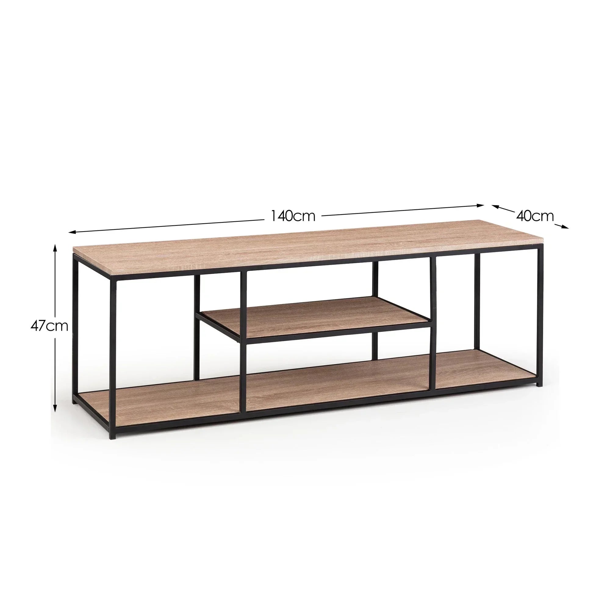 Industrial TV unit with black metal frame, wood shelves, and size dimensions marked