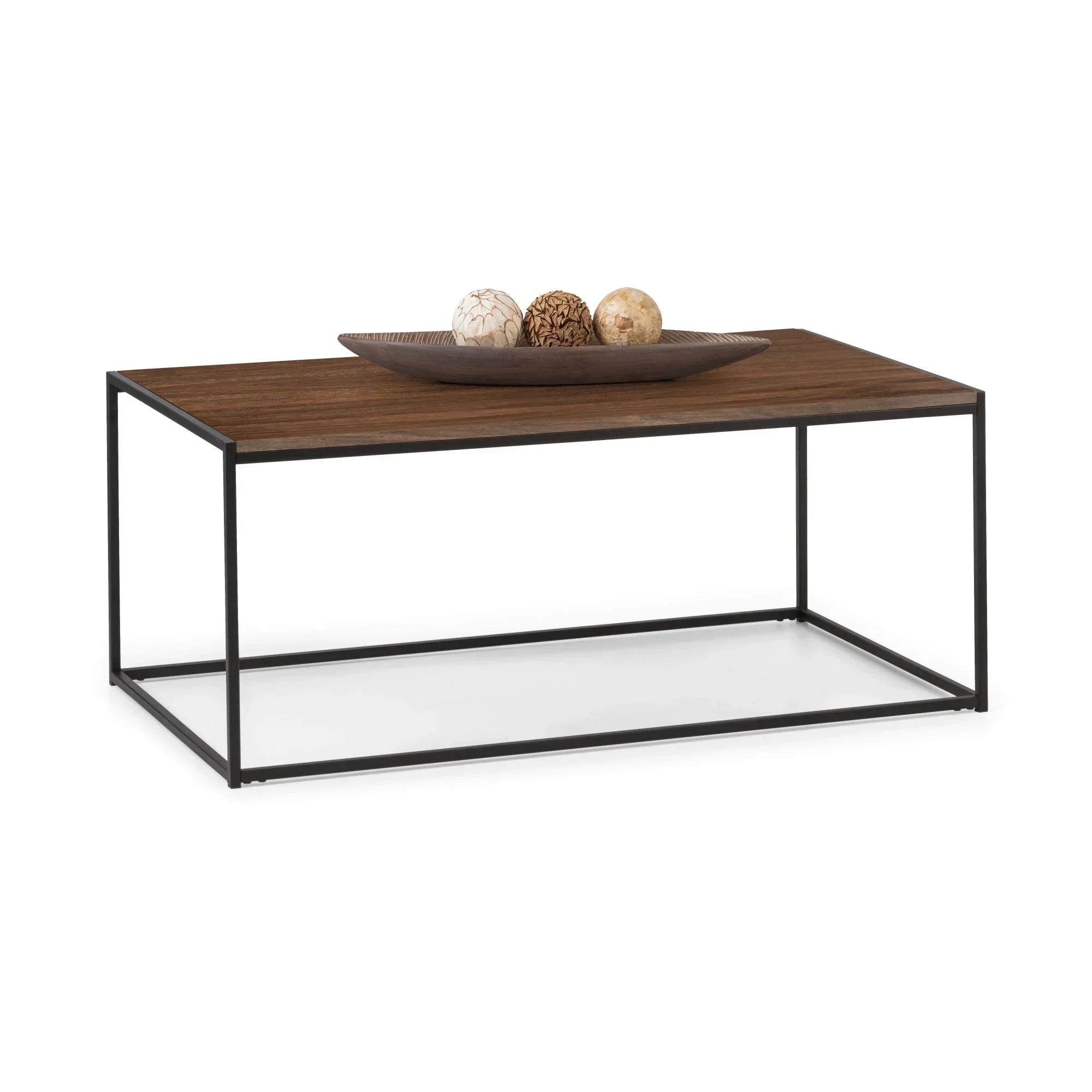 Rectangular wood and metal coffee table with decorative bowl and spheres