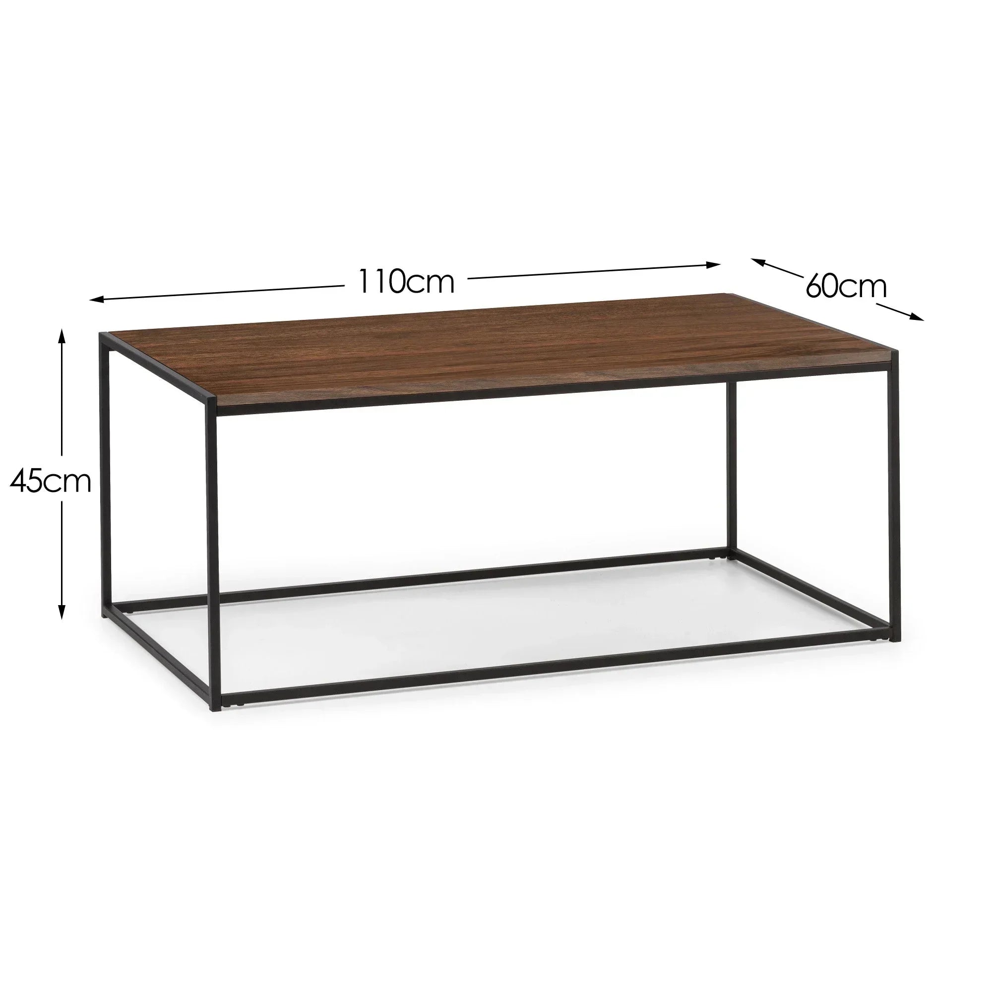 Rectangular coffee table with dark wood top and black metal frame, shown with dimensions
