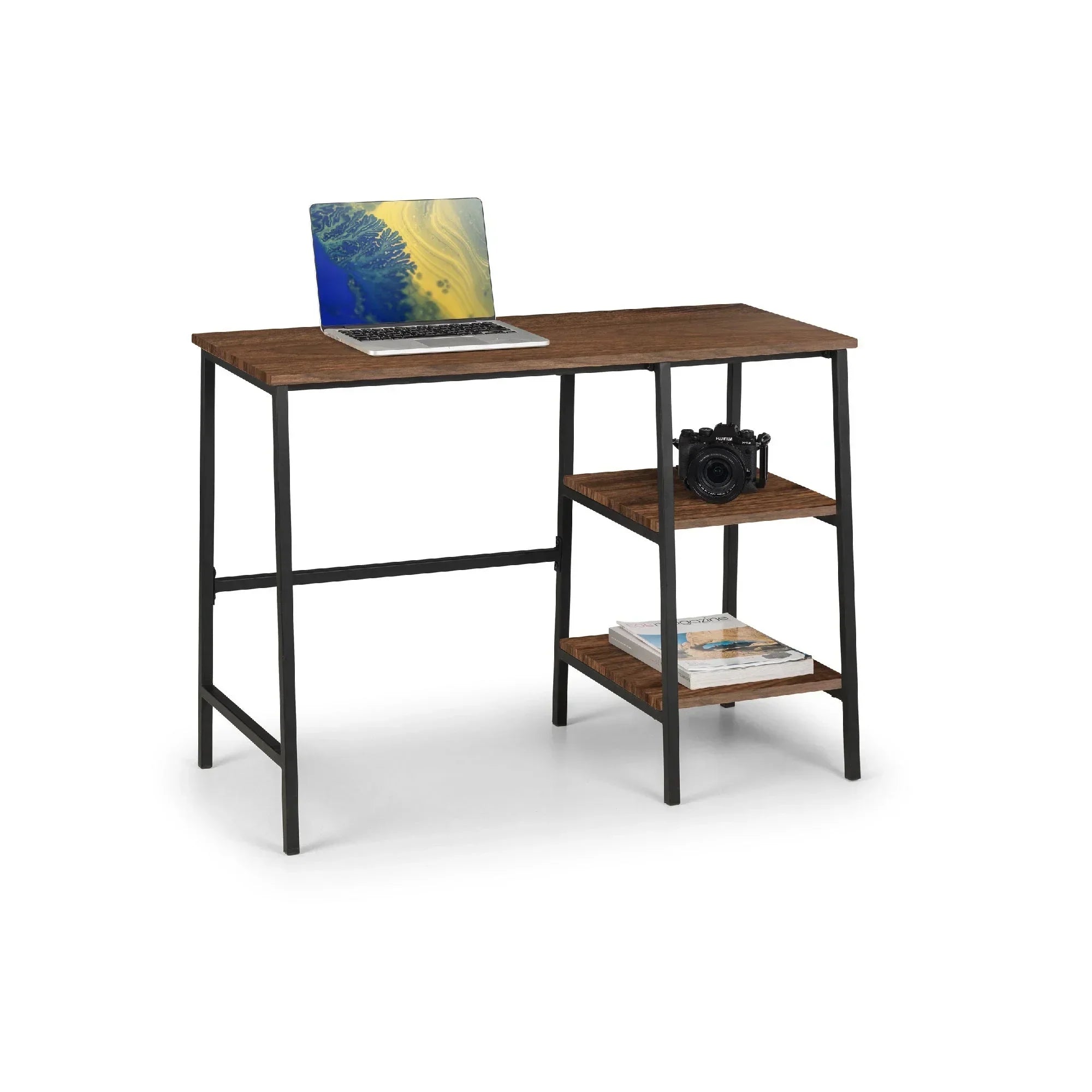 Walnut wood desk with black metal frame, laptop, camera, and books on two side shelves