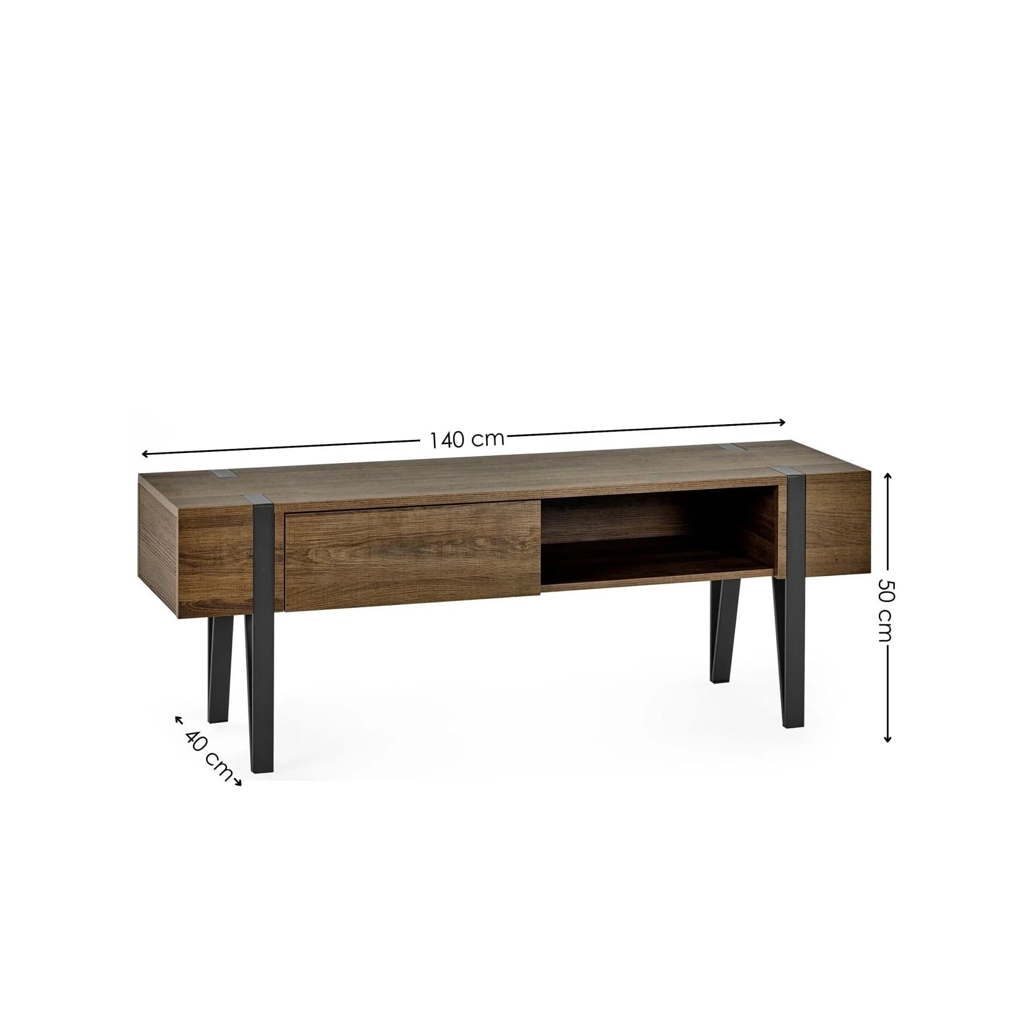 Wooden TV unit with black metal legs, open shelf, single drawer, and size dimensions visible