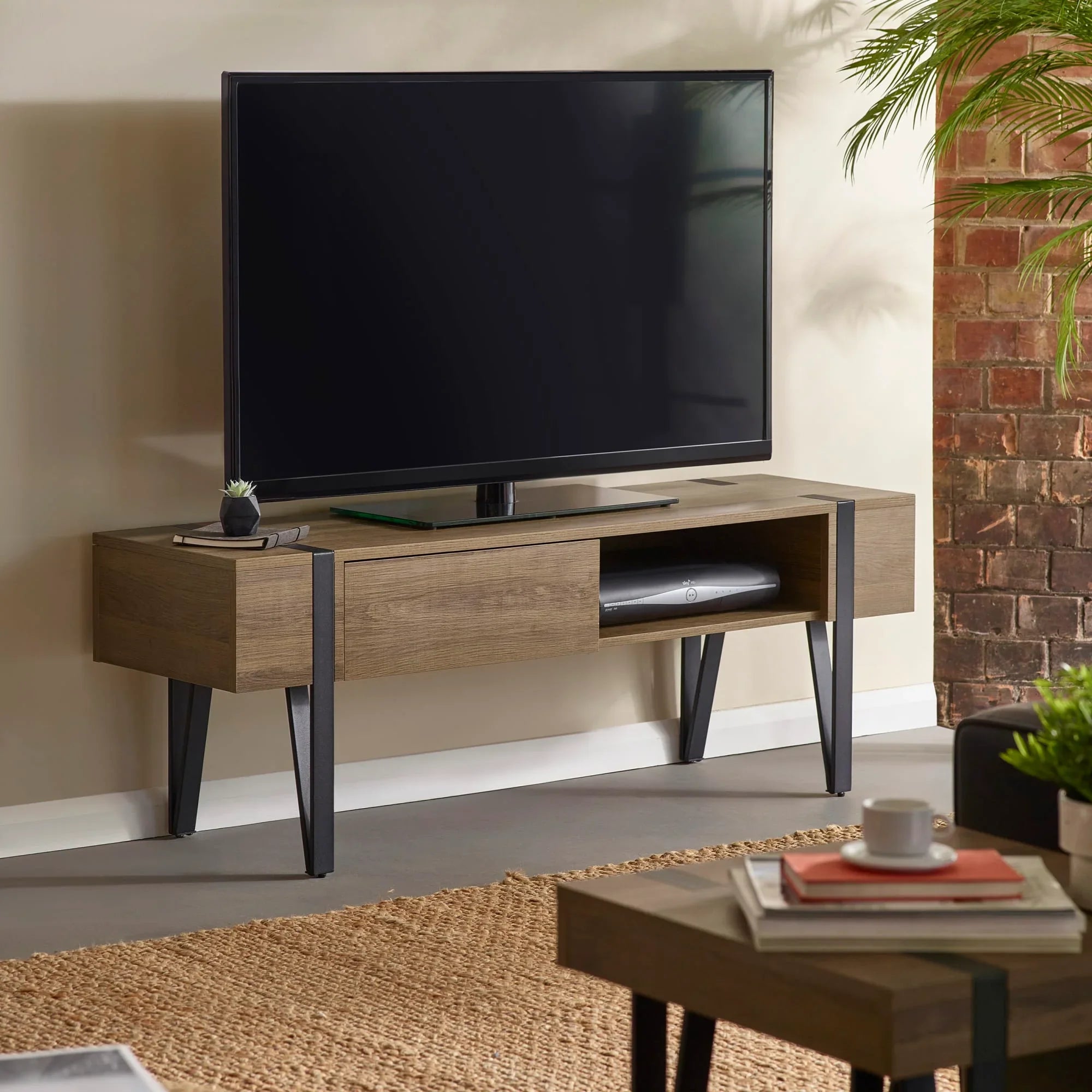 Wood TV stand with metal legs, open shelf and drawers in modern living room