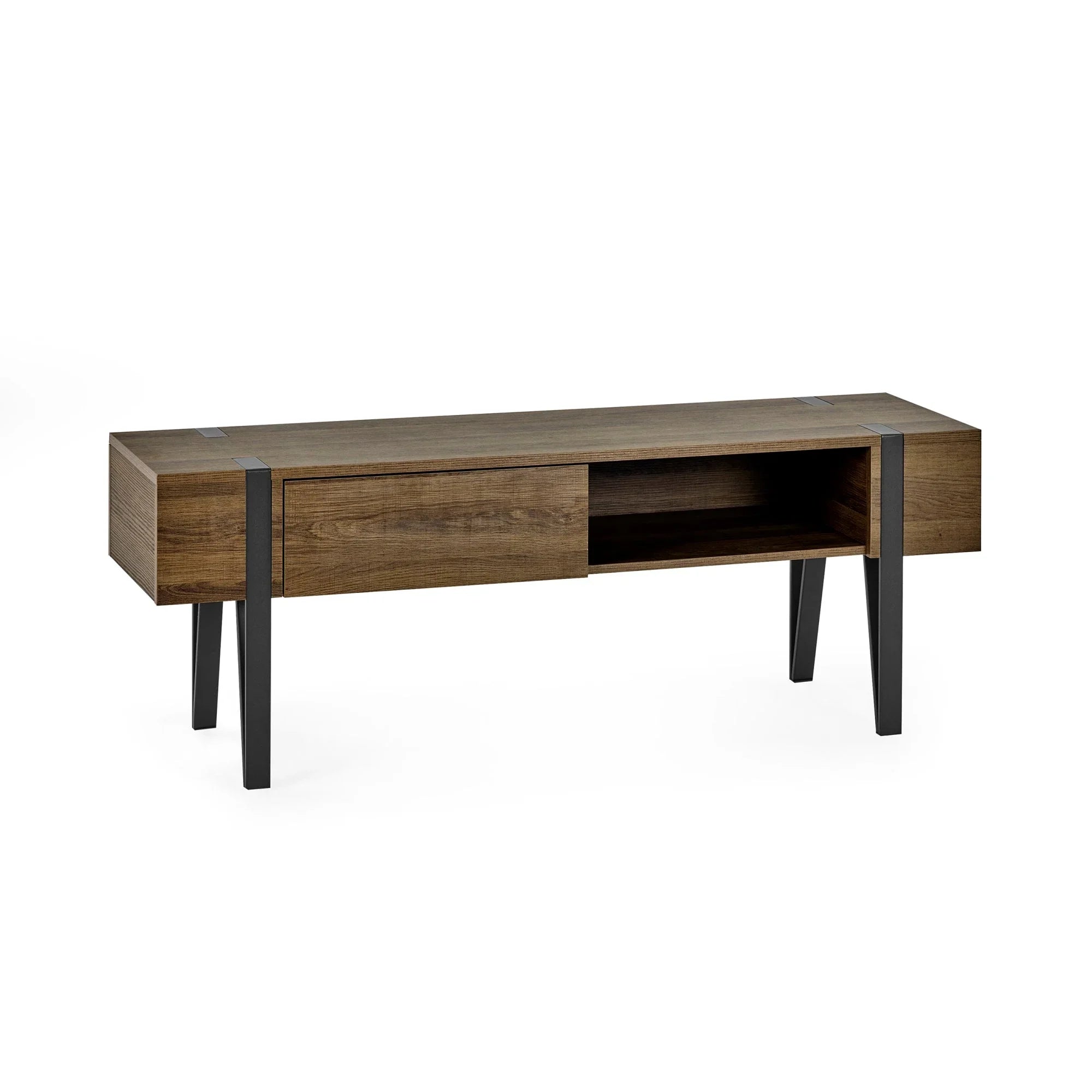 Modern wooden TV unit with black metal legs and open storage shelf
