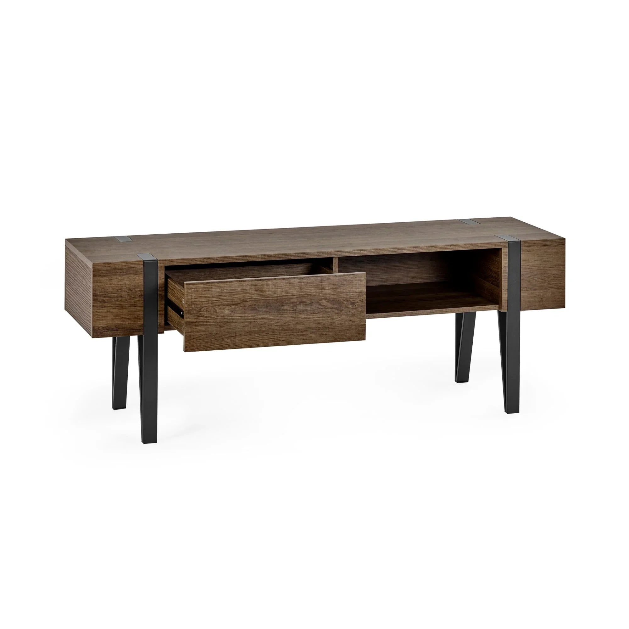 Brown wood TV unit with black metal legs and open drawer, front angle view