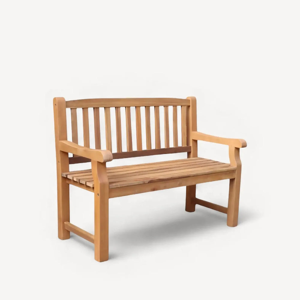 Wooden garden bench with slatted backrest and seat, natural finish, angled front view