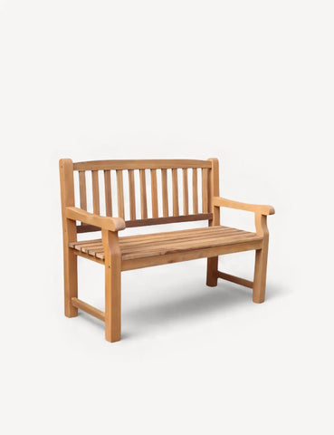 Wooden garden bench with slatted backrest and seat, natural finish, angled front view