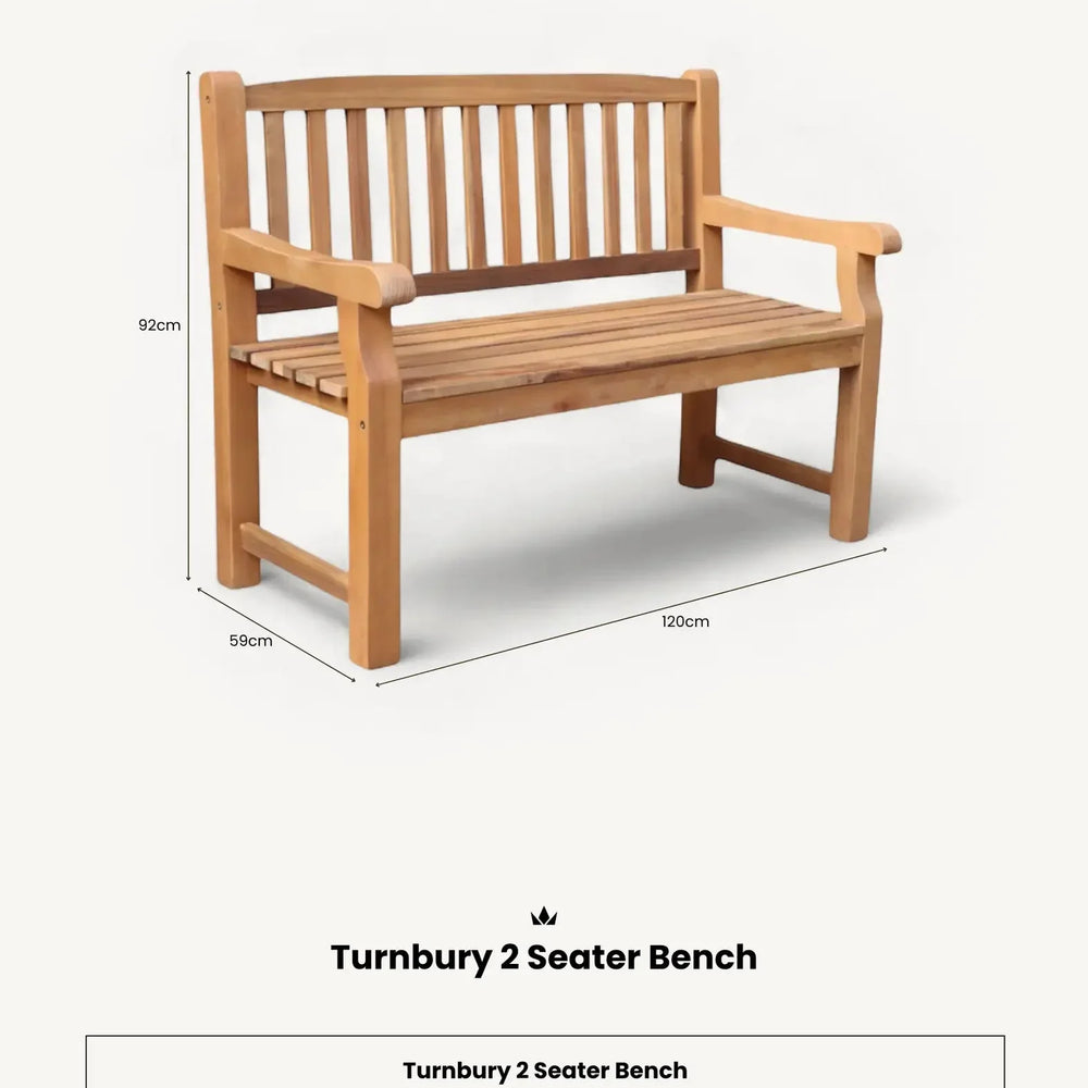 Wooden 2 seater bench with slatted backrest and armrests, shown at an angle with dimensions