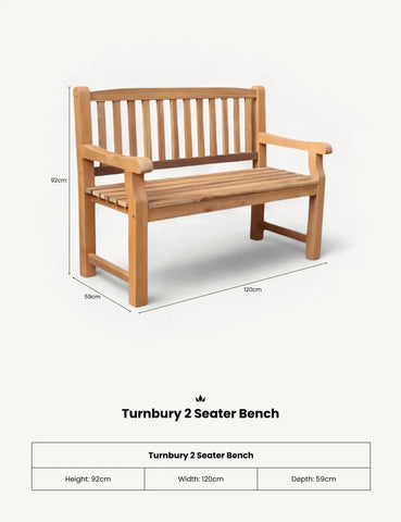 Wooden 2 seater bench with slatted backrest and armrests, shown at an angle with dimensions