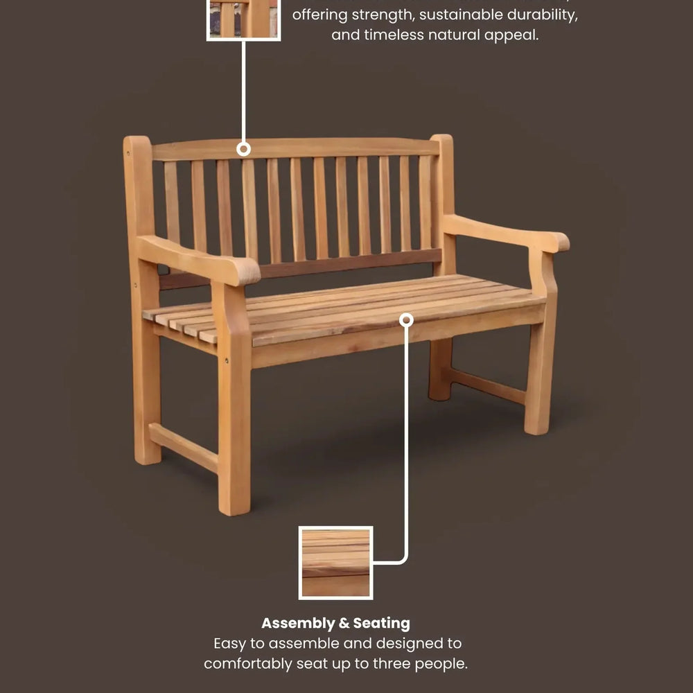Natural acacia wood garden bench with slatted back and seat for three people