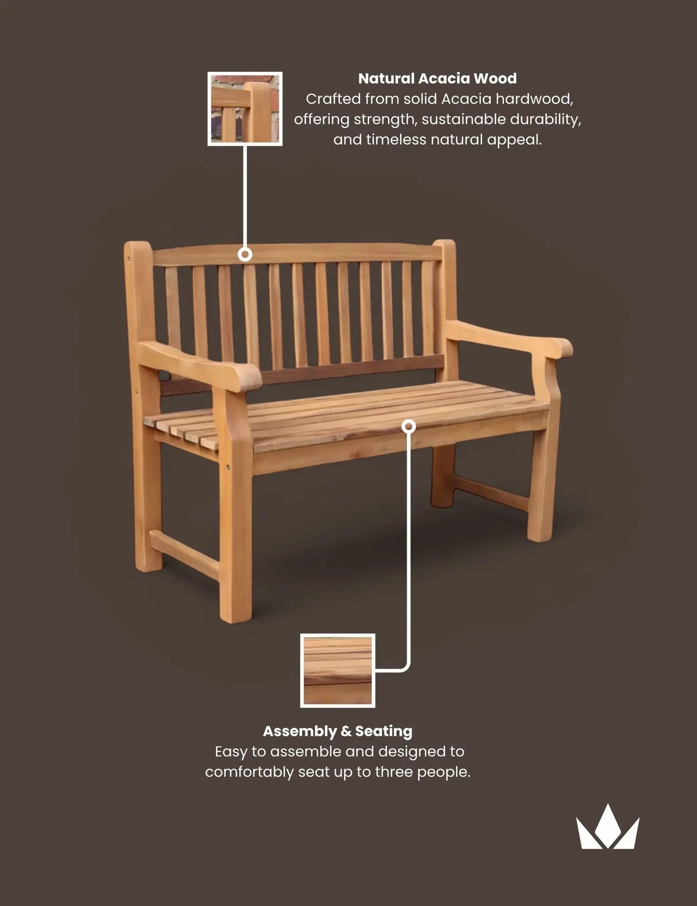 Natural acacia wood garden bench with slatted back and seat for three people