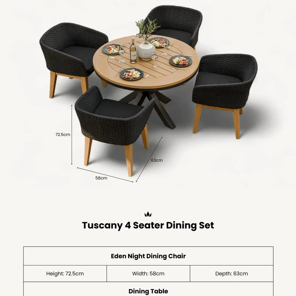 Tuscany 4 seater dining set with round wood table and four black woven chairs, set for dining