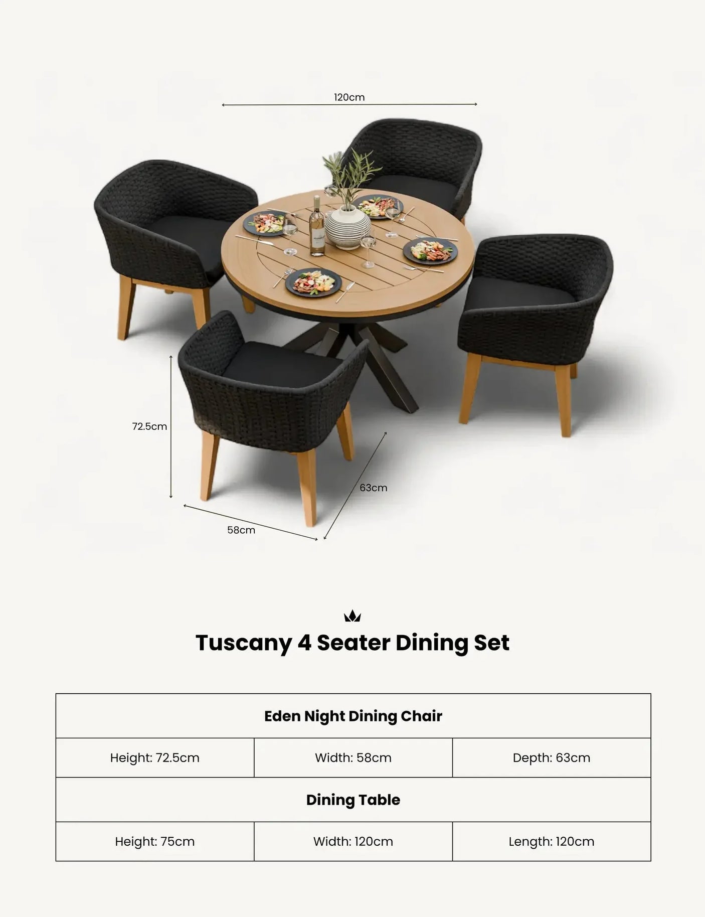 Tuscany 4 seater dining set with round wood table and four black woven chairs, set for dining