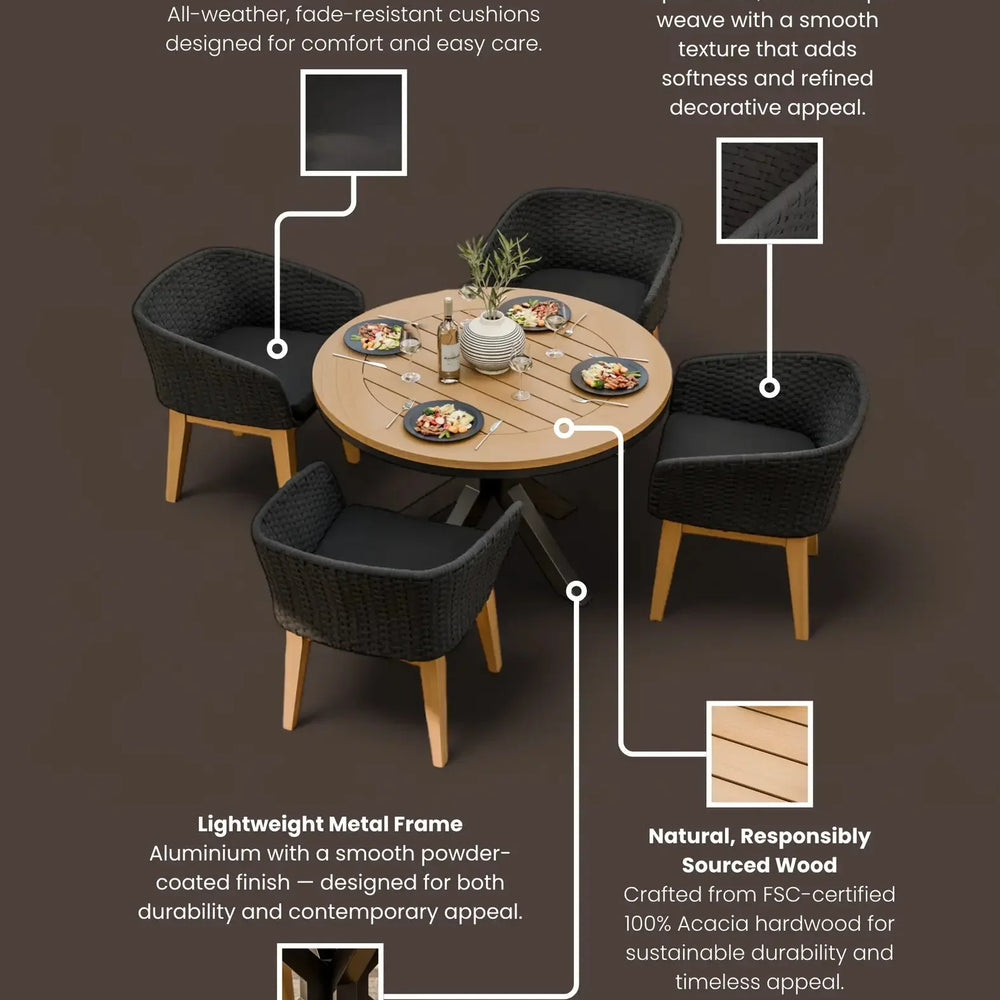 Round wooden dining table set with four black rope weave chairs and olefin fabric cushions