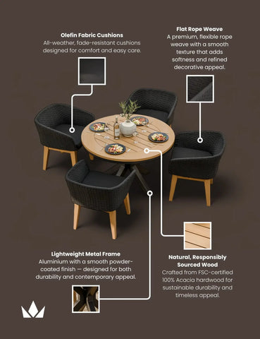 Round wooden dining table set with four black rope weave chairs and olefin fabric cushions
