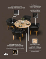 Round wooden dining table set with four black rope weave chairs and olefin fabric cushions