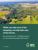 Aerial view of green forest landscape with fields and FSC certification message overlay