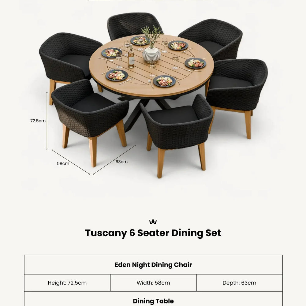 Tuscany 6 seater dining set with round wooden table and six black woven dining chairs