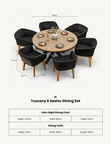 Tuscany 6 seater dining set with round wooden table and six black woven dining chairs