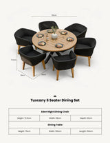 Tuscany 6 seater dining set with round wooden table and six black woven dining chairs