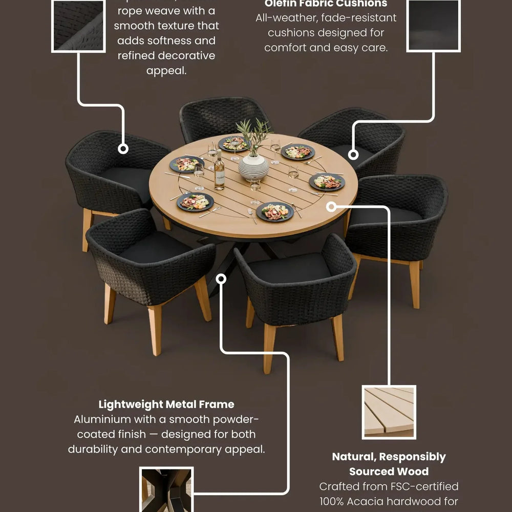 Round wooden outdoor dining table with six black rope weave chairs and Olefin cushions