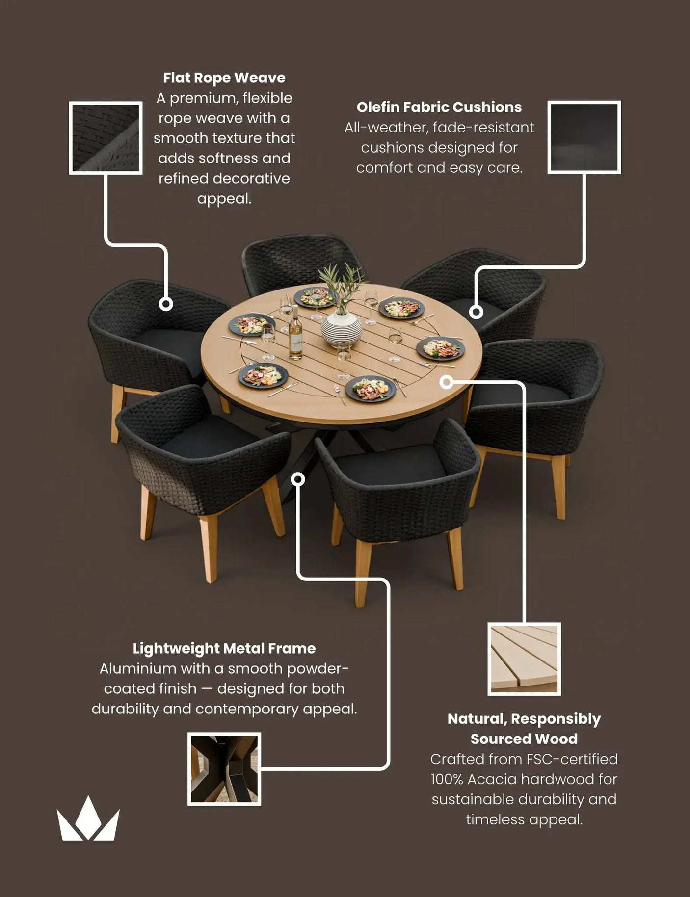 Round wooden outdoor dining table with six black rope weave chairs and Olefin cushions